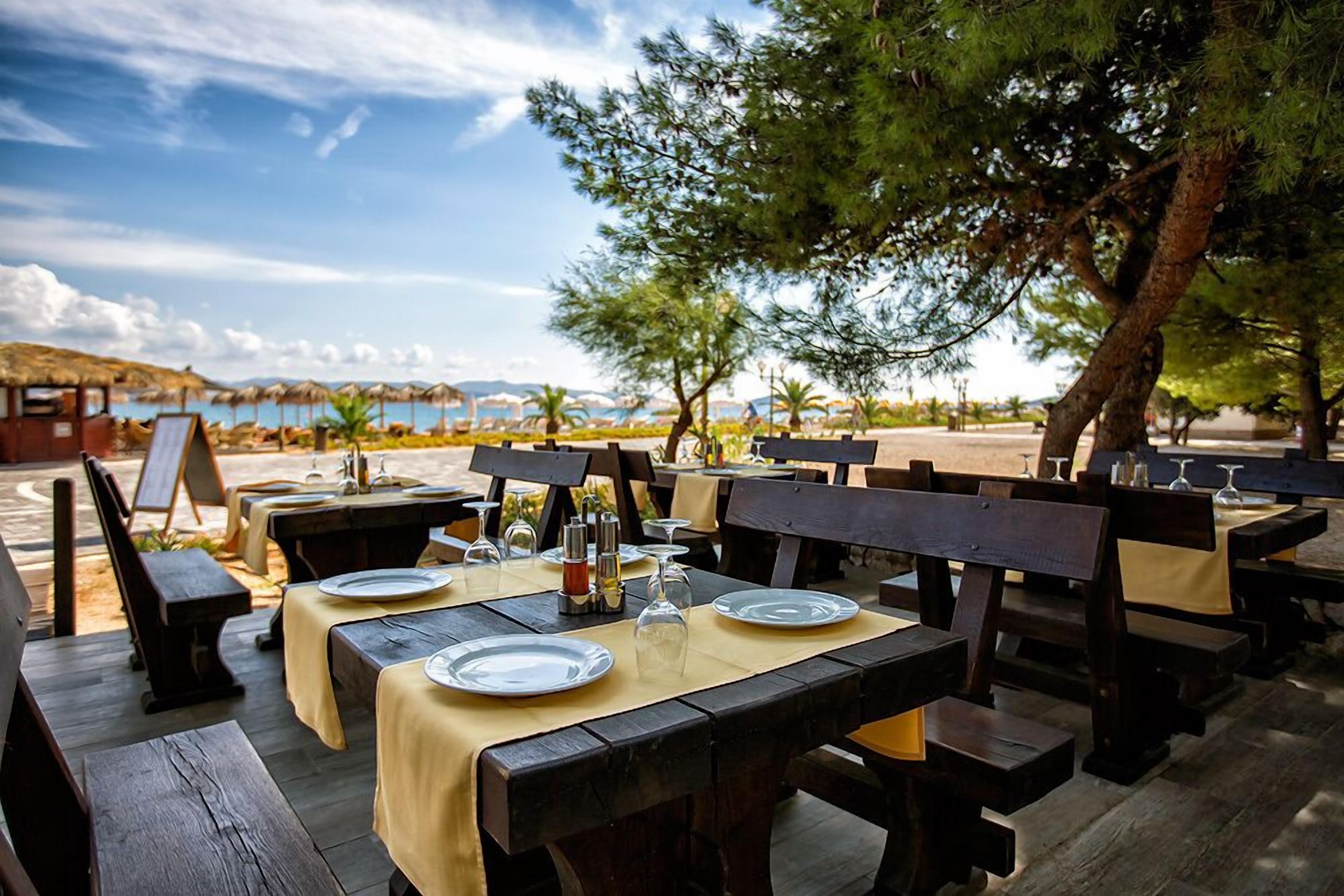 Zona pranzo all'aperto con tavoli e panche in legno, con vista sulla spiaggia e sugli alberi.