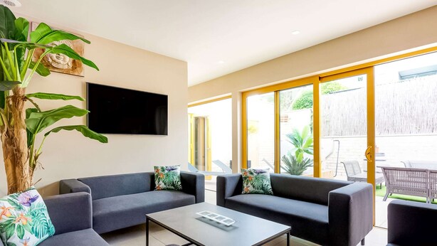 A modern living room with two grey sofas, a coffee table, and a large potted plant.