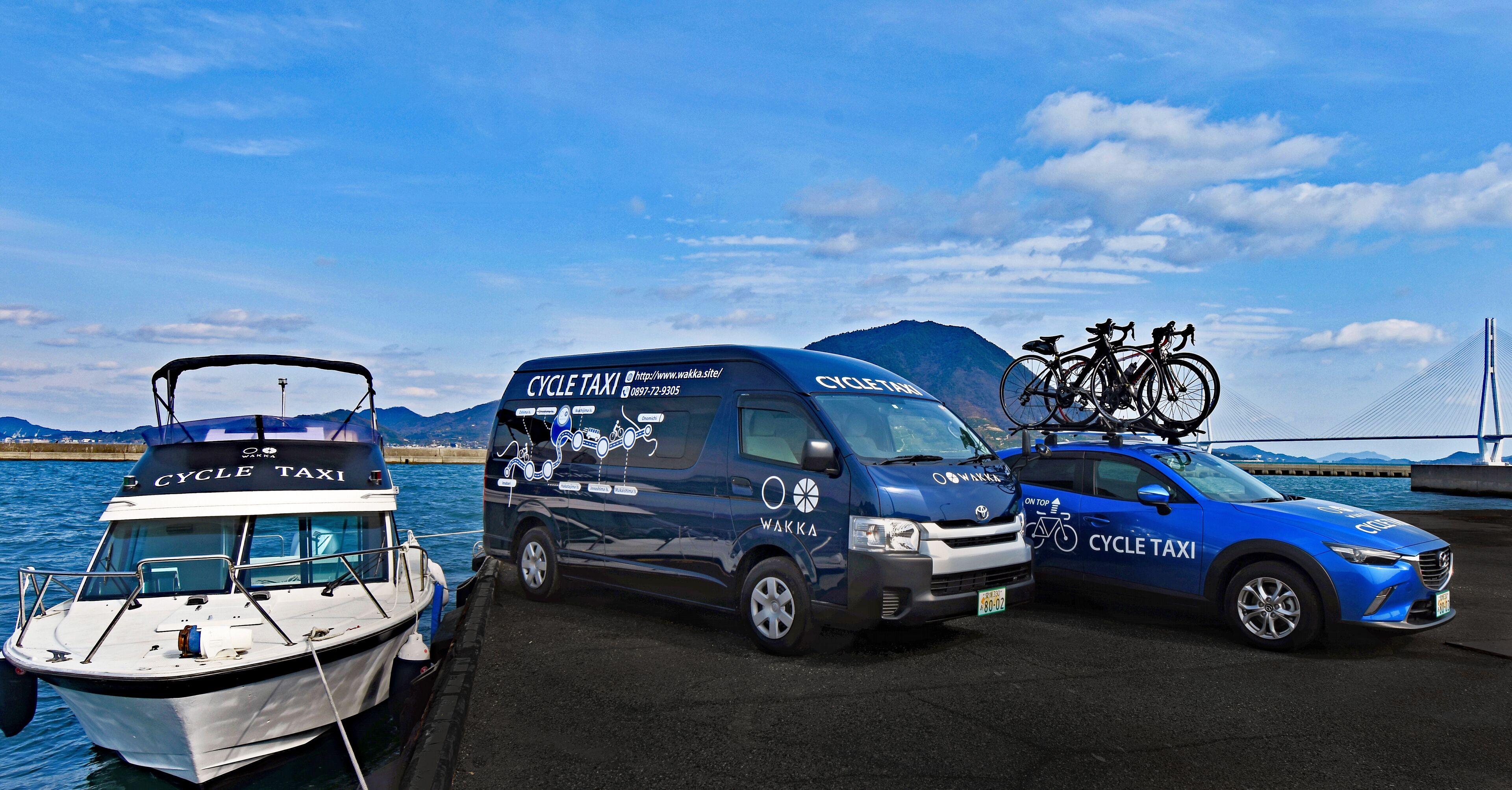 A dock with a white boat, a blue van, and a blue car, all labeled "CYCLE TAXI."