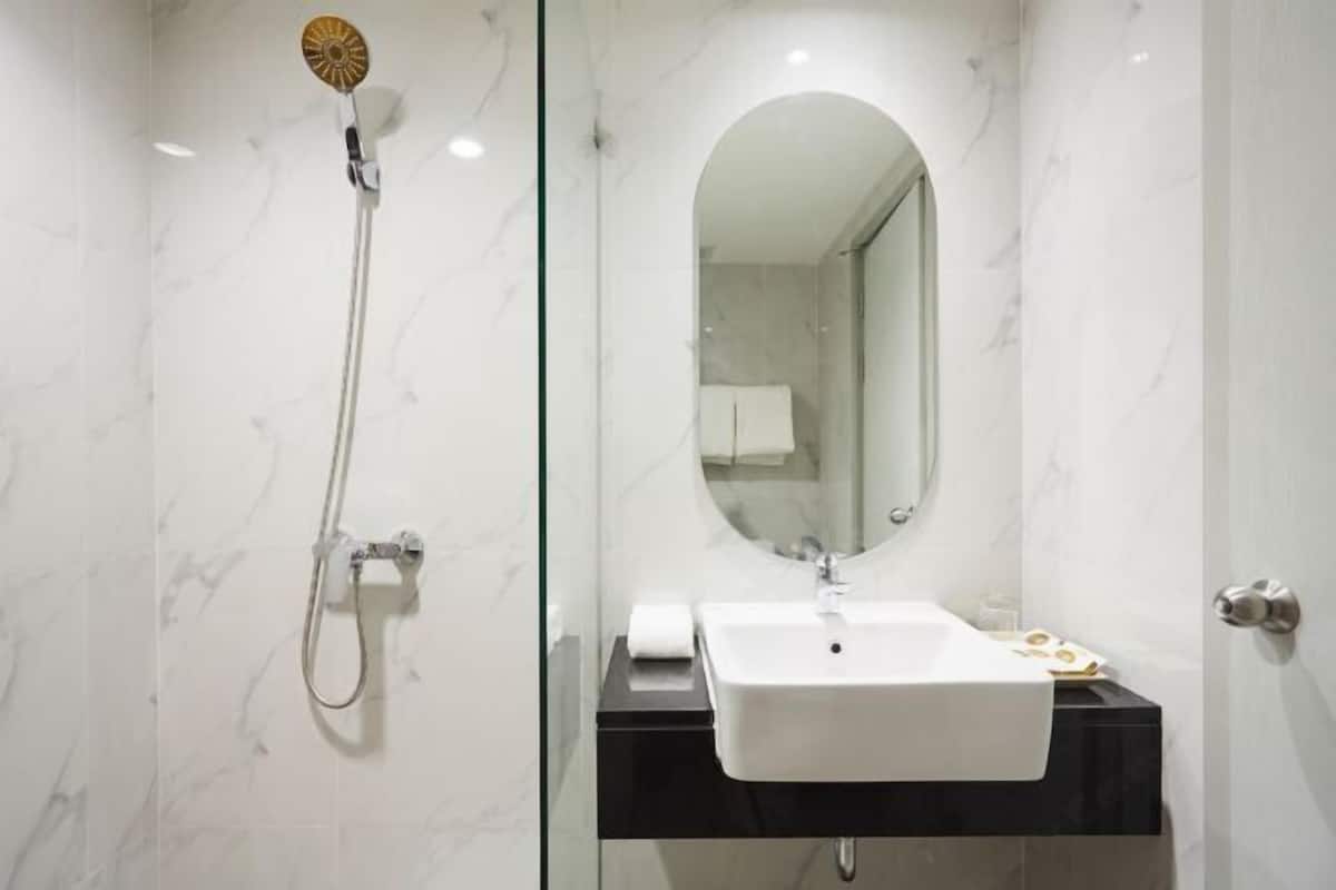 Shower, hair dryer, towels