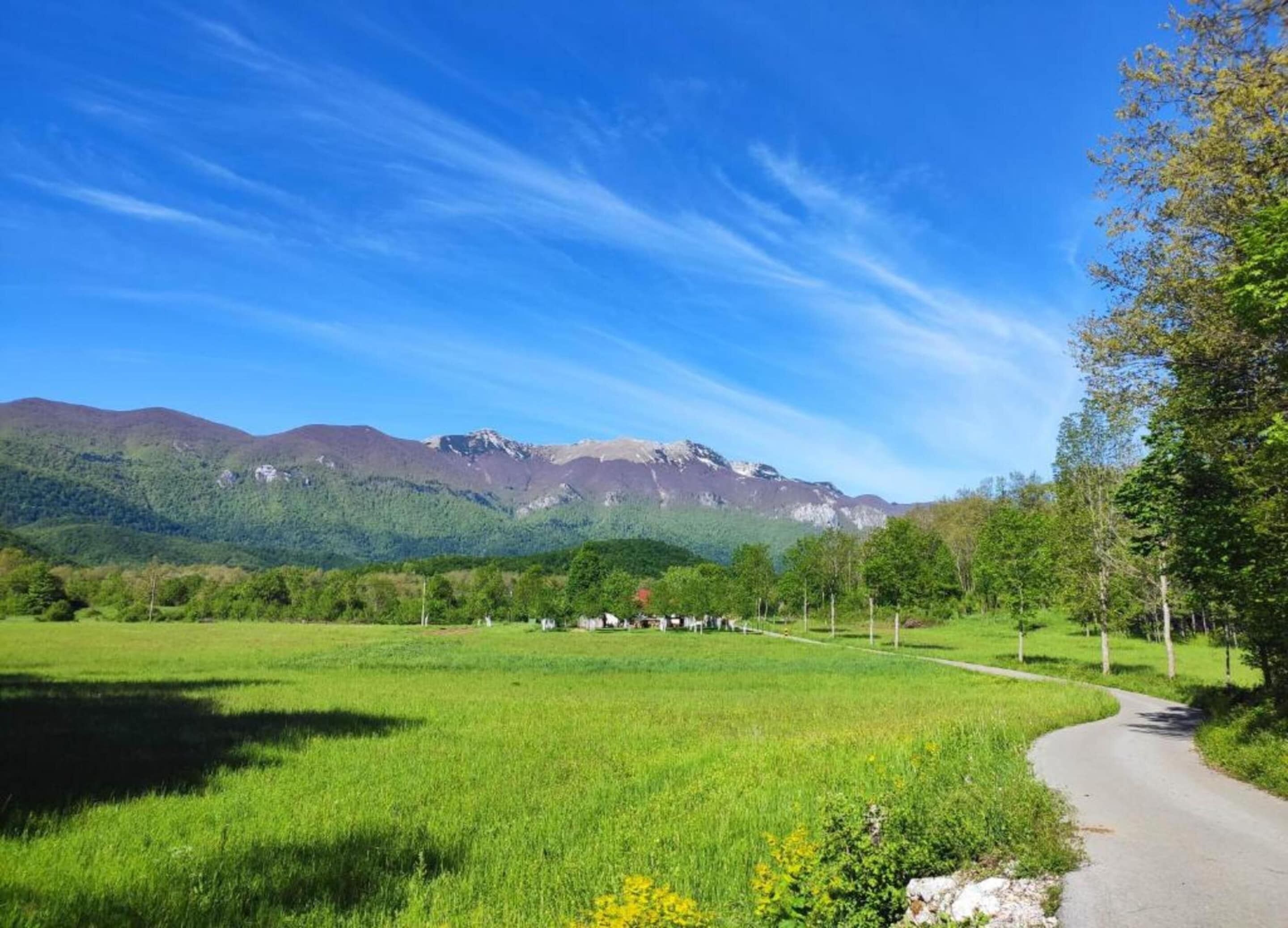 A rural landscape with a winding road, green fields, and a mountain range in the background.