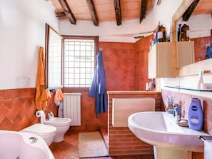 Een badkamer met toilet, bidet en wastafel, een raam en een houten plafond.