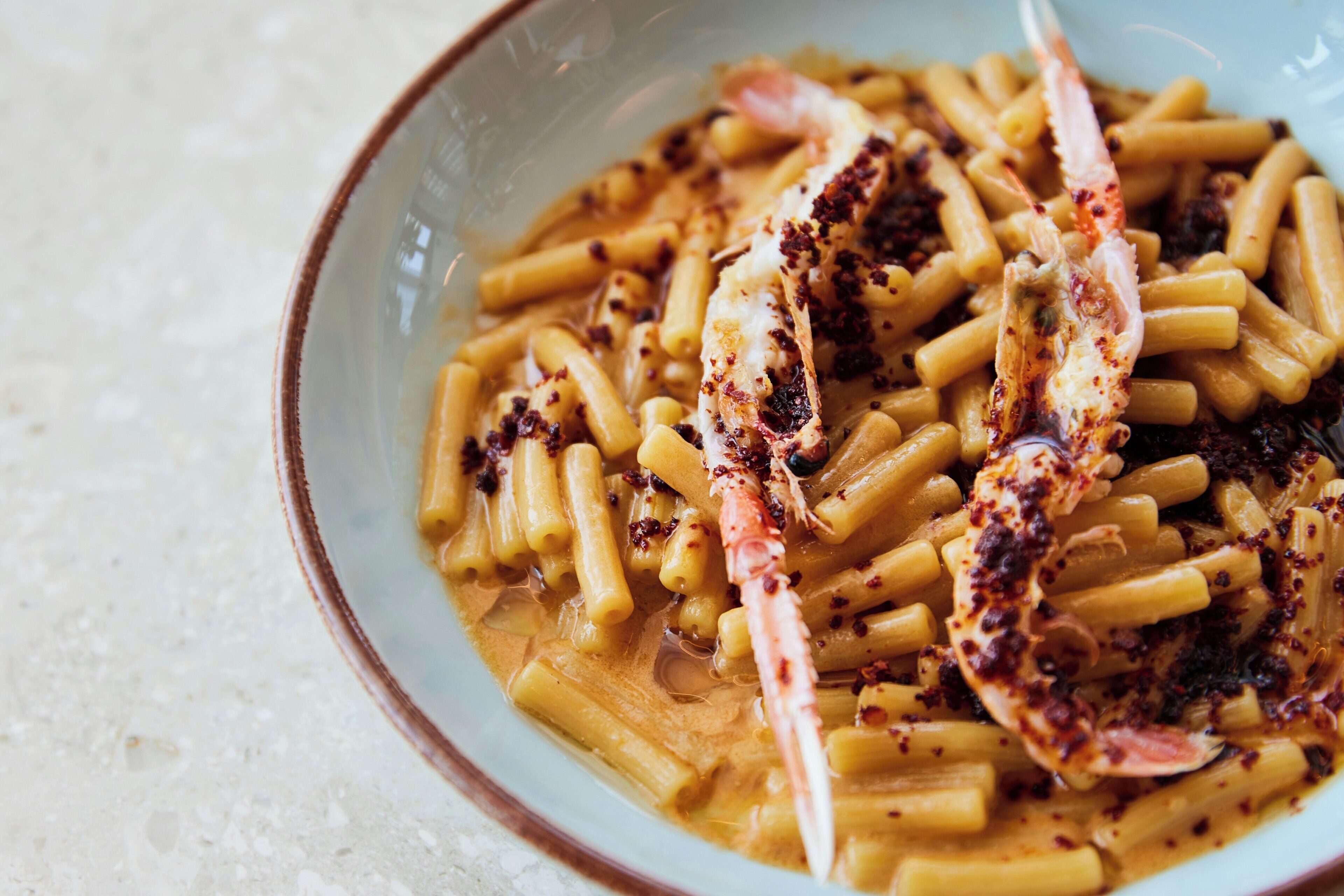 A bowl of pasta with lobster.