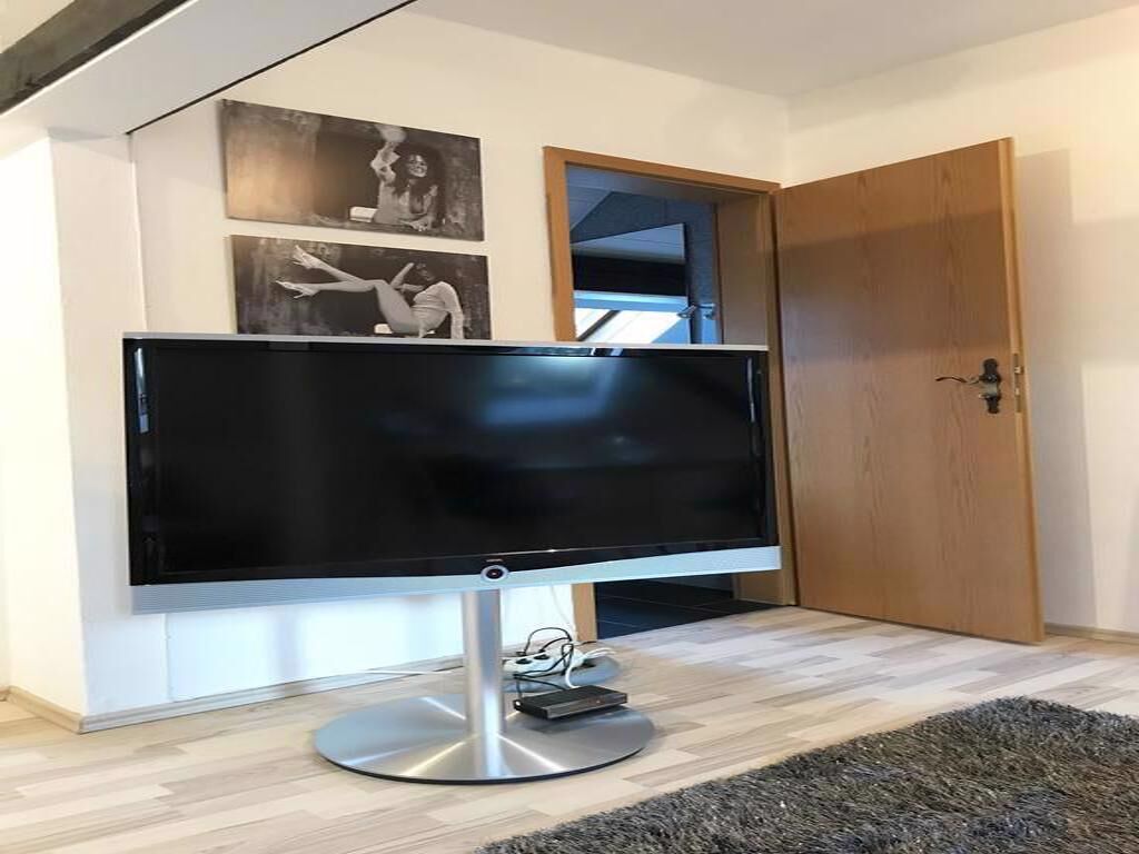 En moderne stue med et stort fladskærms TV på et stativ, en trædør og en lille måtte på gulvet.