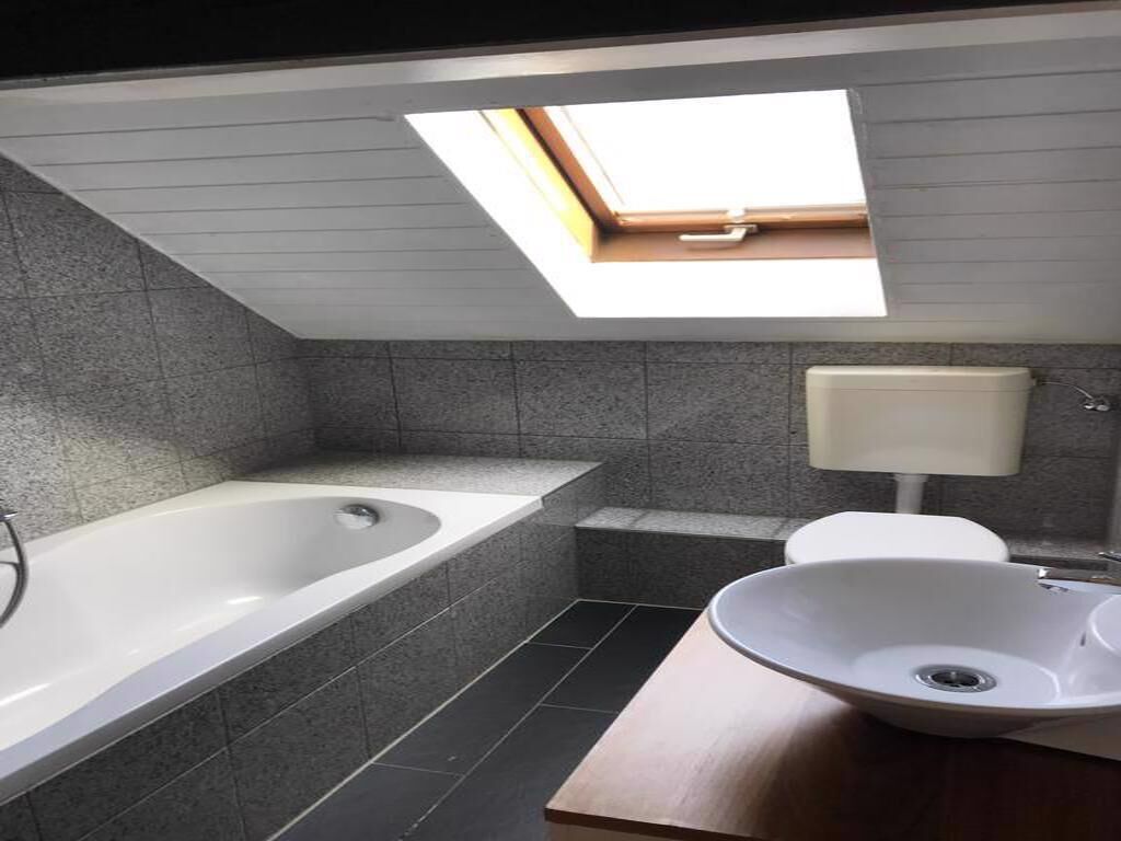 Un baño moderno con tragaluz, una bañera independiente, un inodoro y un lavamanos grande.