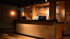 A reception desk with a wooden finish, a wall with a sunburst design, and a fireplace. - Fletcher Strandhotel Haamstede (Burgh-Haamstede)