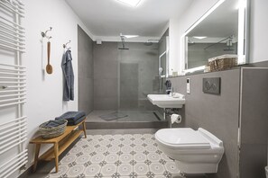 Ducha, secador de pelo, toallas, jabón