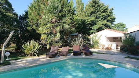 Outdoor pool, a heated pool. Gite with private heated pool
