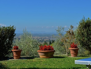 A garden with potted red flowers and a view of a distant landscape. - Elegant Villa Near Cortona (Cortona)