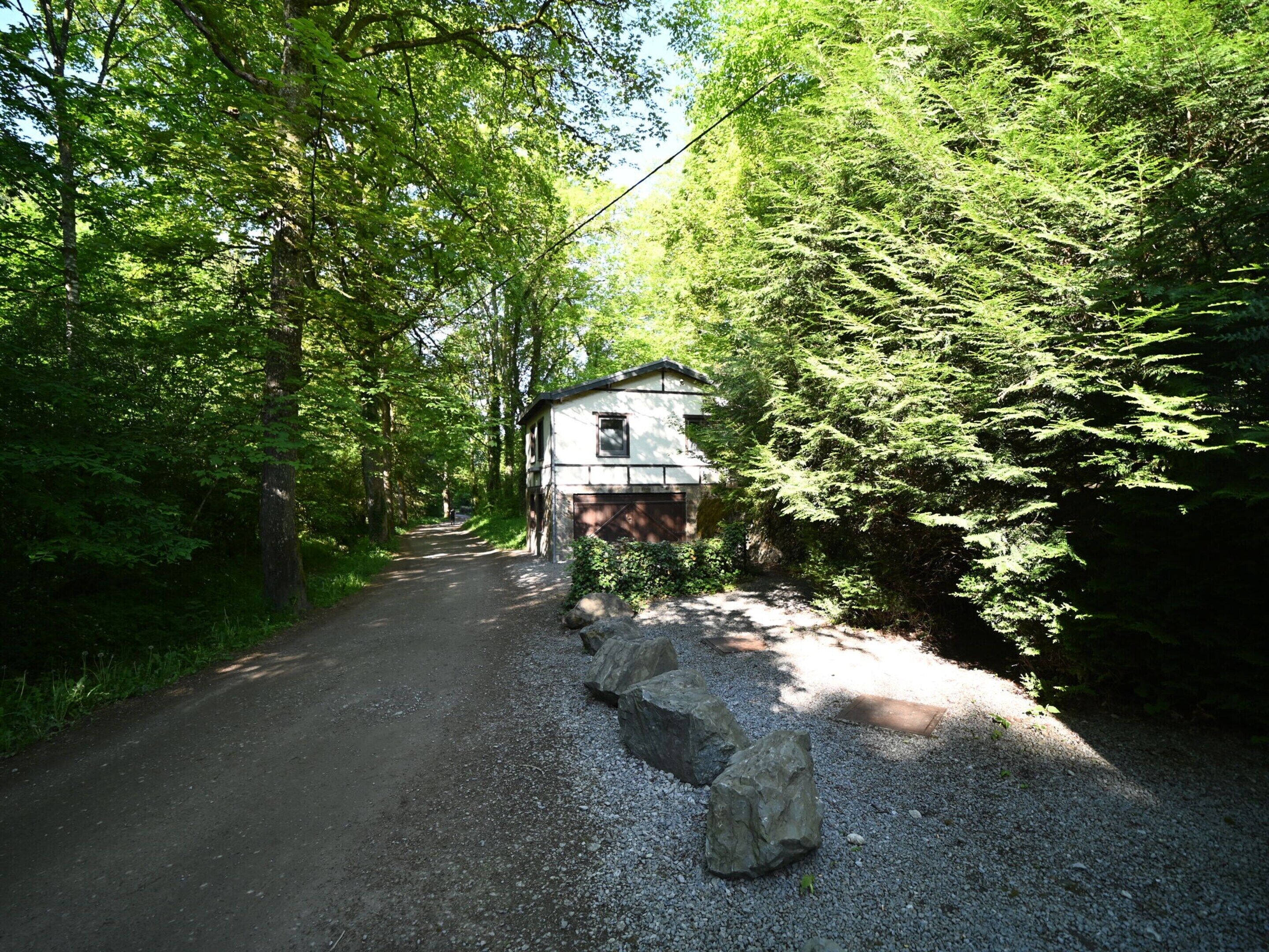Un chalet rustique entouré d’une forêt dense, accessible par un chemin de gravier.