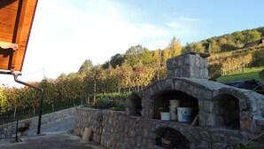A stone-built outdoor kitchen area with a stone oven, surrounded by a garden with grapevines and a view of a hilly landscape.