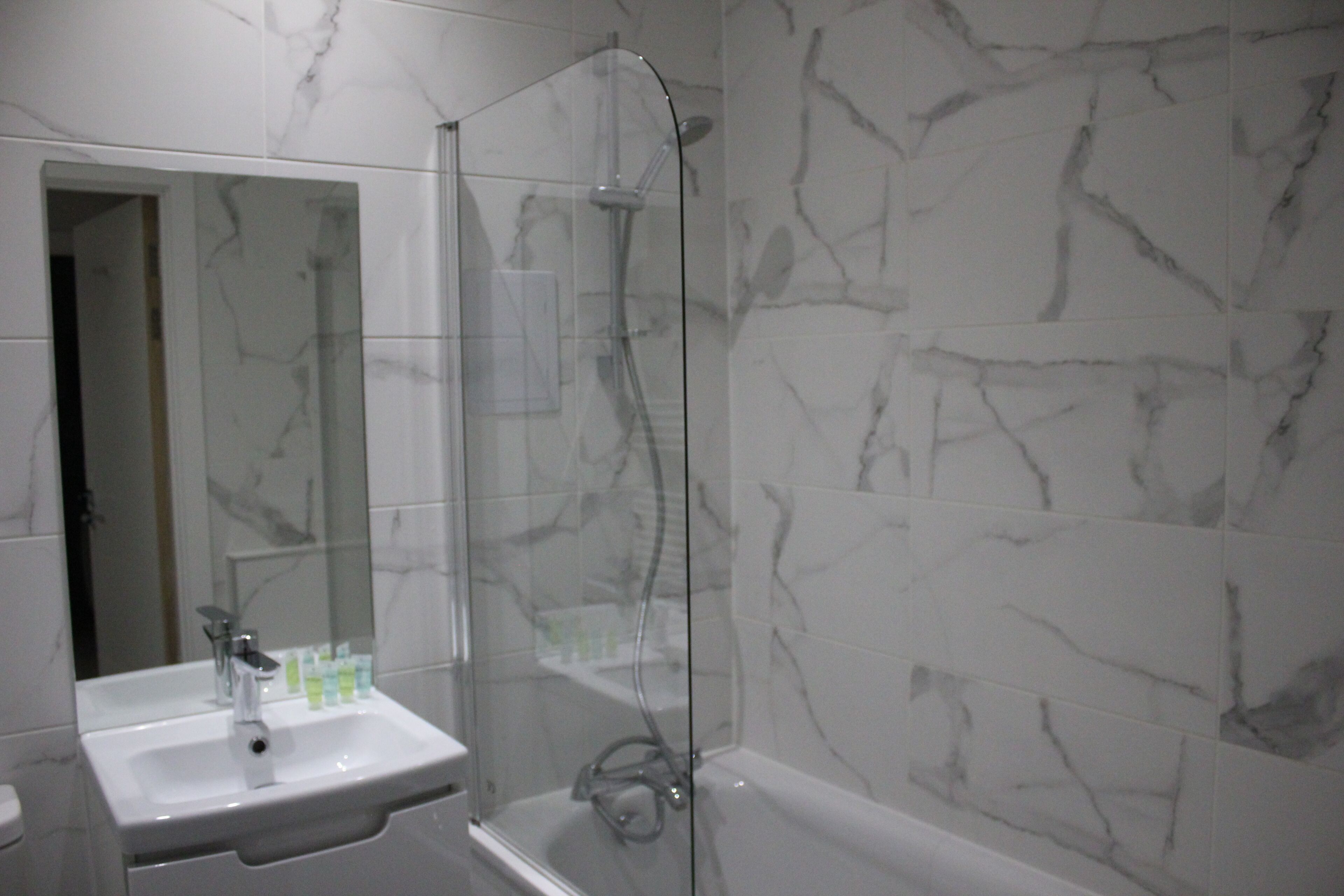 Shower, free toiletries, hair dryer, towels
