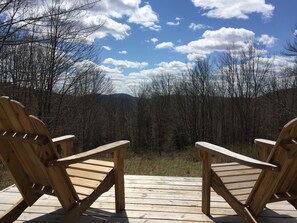 Guests can relax on the deck with Adirondack chairs overlooking the forest.