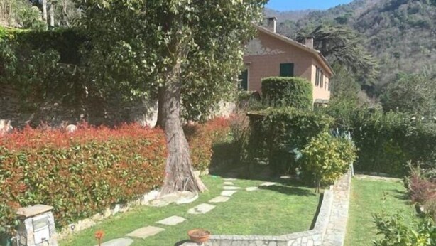 Ein Haus mit einem Kiesweg, der zu einer Rasenfläche führt, umgeben von Pflanzen und einem Berg im Hintergrund.