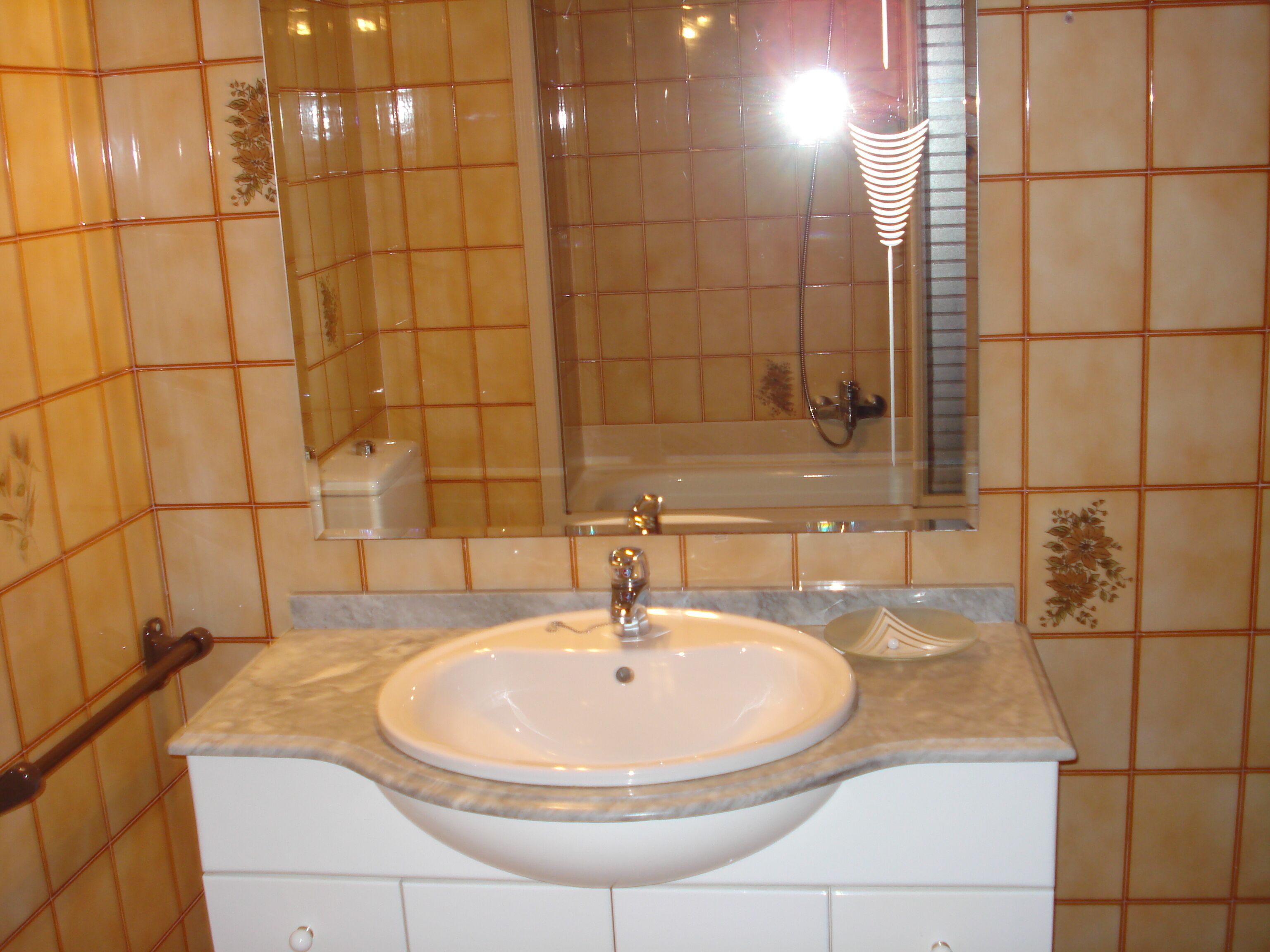 Ein Badezimmer mit Waschbecken, Spiegel und Dusche.