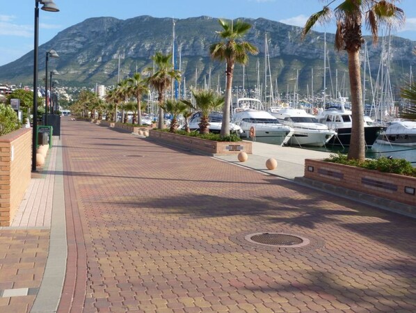 Un port de plaisance avec des bateaux amarrés, une promenade pavée, des palmiers et une montagne en arrière-plan.