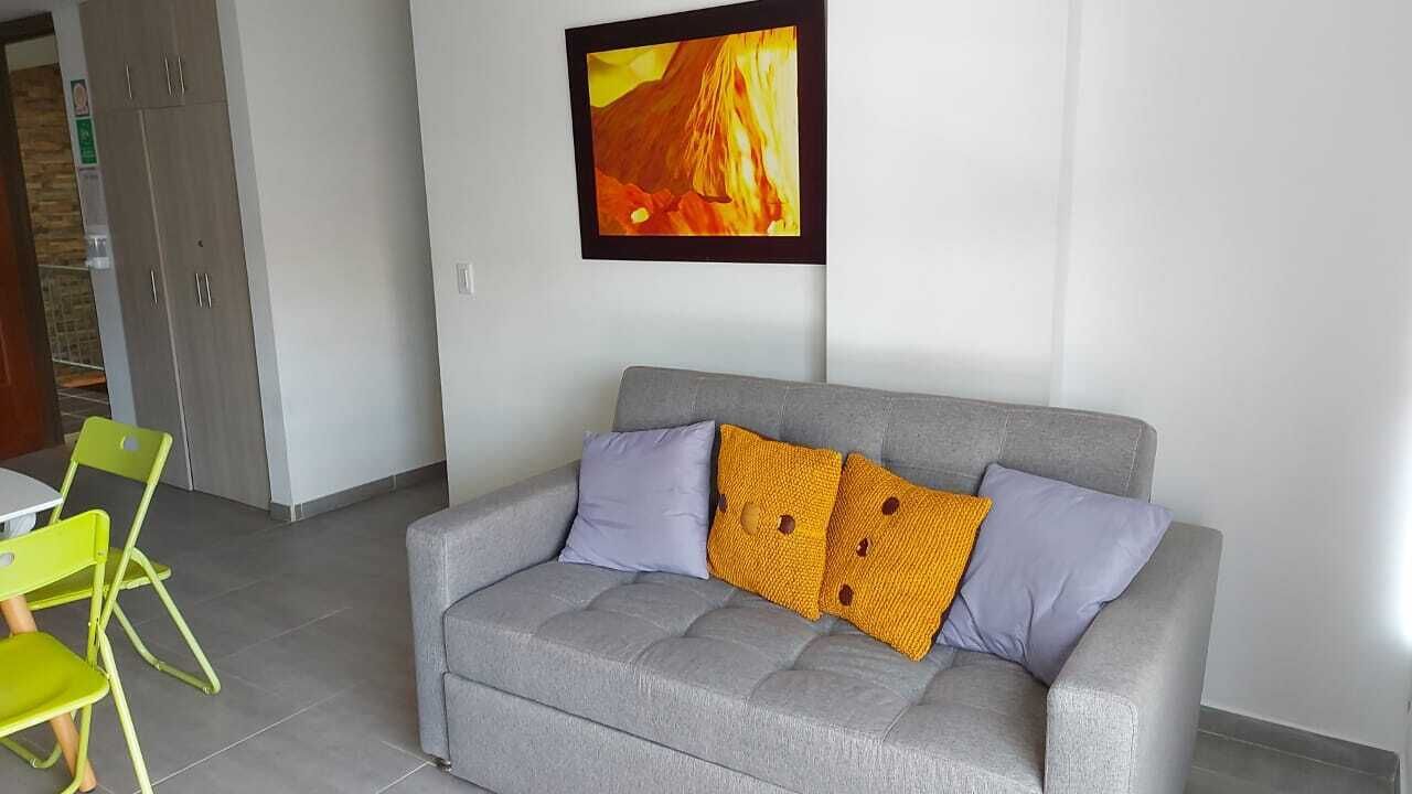 A grey sofa with two cushions, a green chair, and a framed picture on the wall.