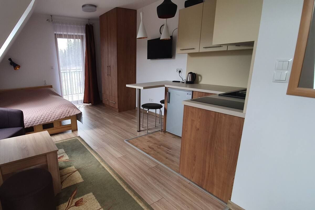 A compact, modern apartment with a loft-style bedroom, a kitchenette, and a dining area.