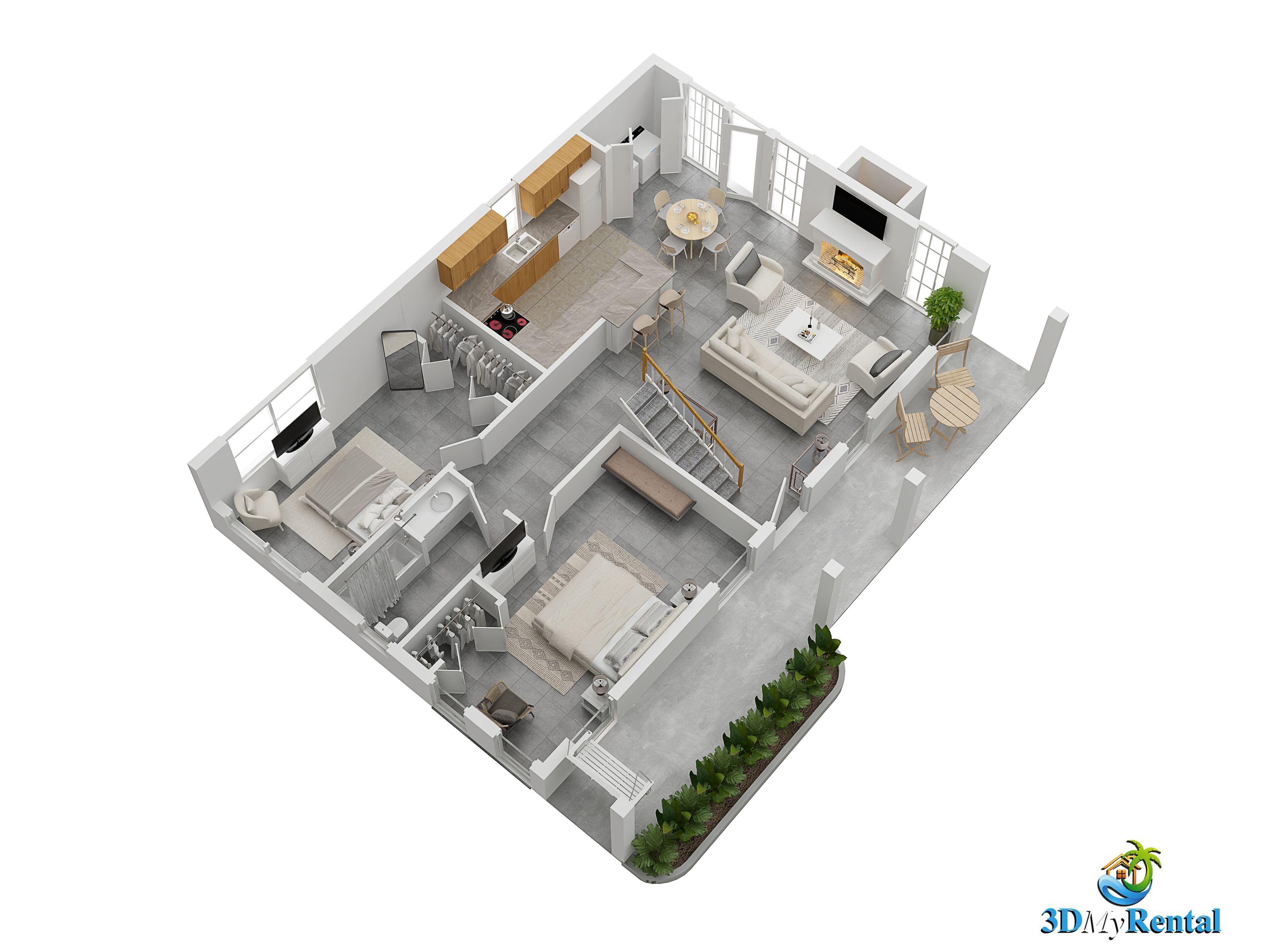 A 3D model of a modern apartment with a kitchen, dining area, living room, and a balcony with plants.