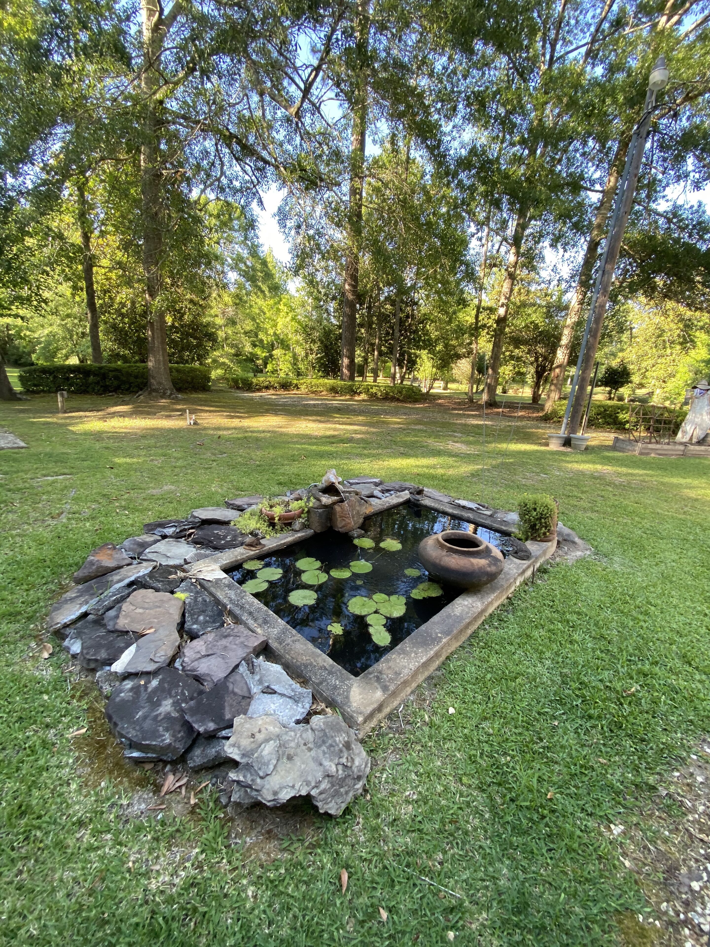 A small pond with rocks and a statue, surrounded by grass and trees.