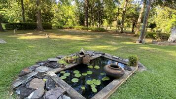 A small pond with rocks and a statue, surrounded by grass and trees.