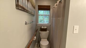 Un baño estrecho con inodoro, ventana y cortina de ducha.