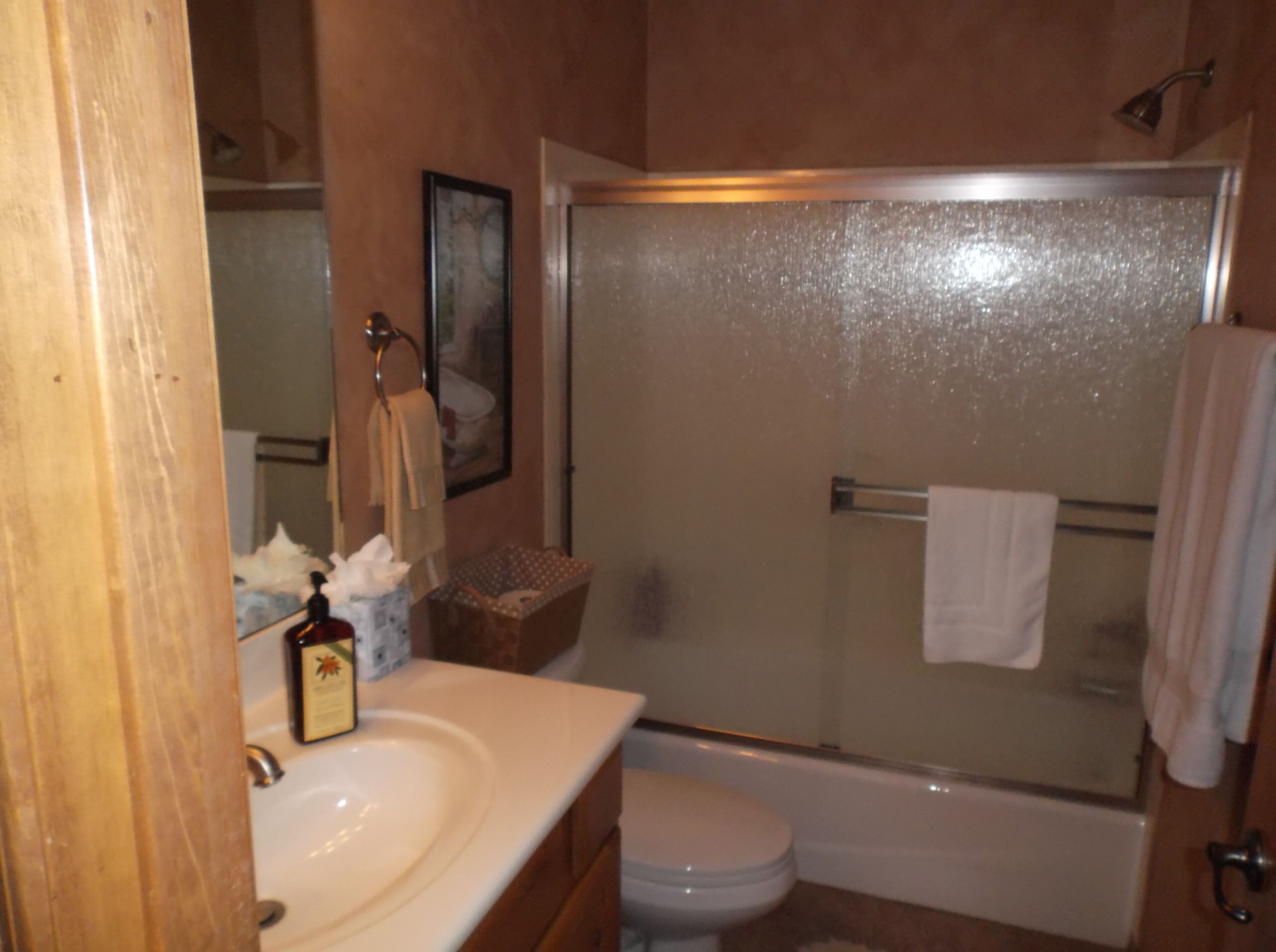 Douche, sèche-cheveux, serviettes fournies, savon