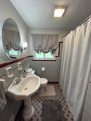Combined shower/tub, hair dryer, towels, soap
