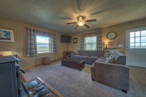 TV, fireplace, DVD player, books