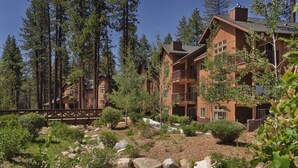 A lodge with multiple wooden buildings surrounded by tall pine trees.