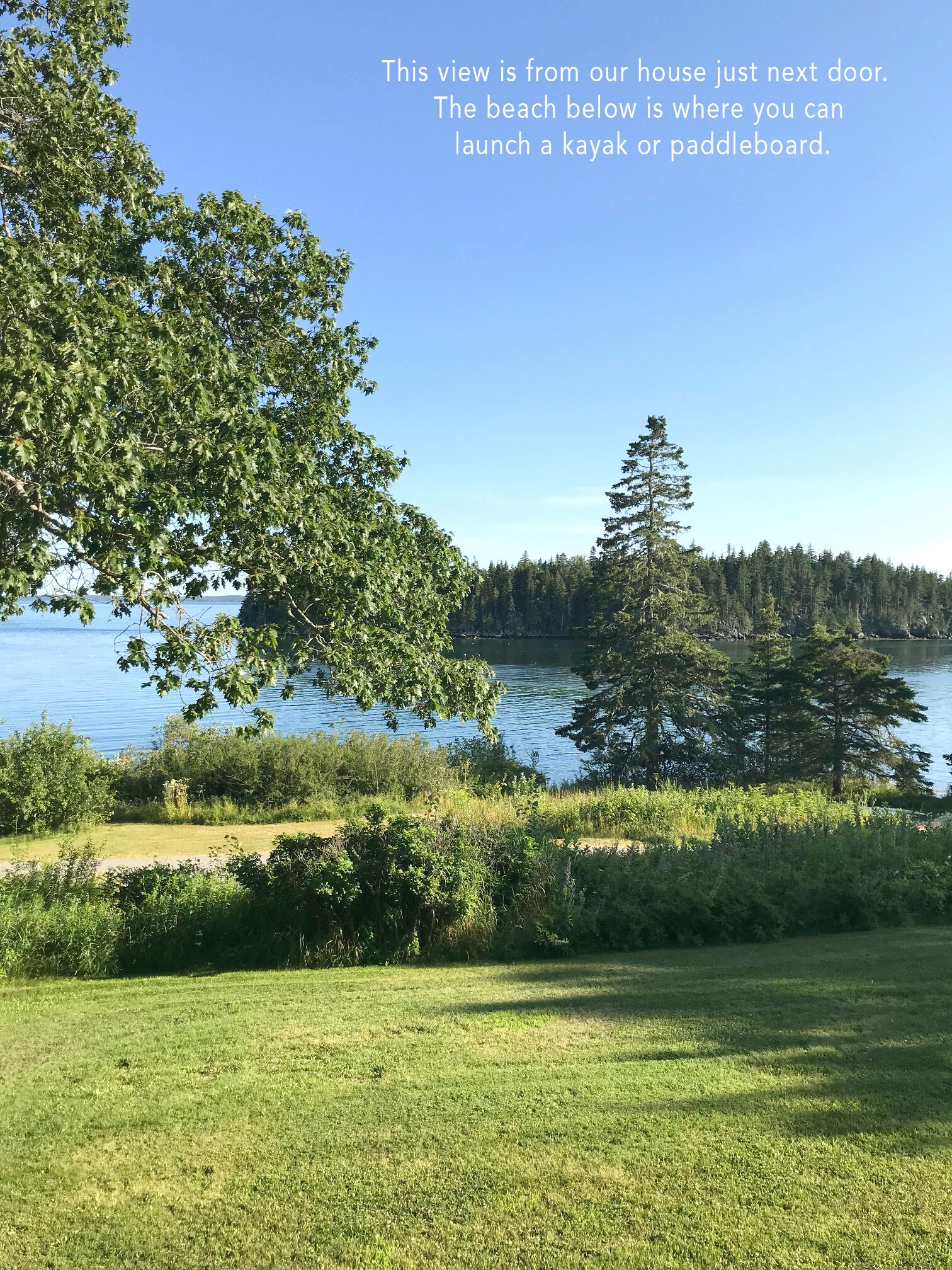A view from a house next to a lake with a grassy area and trees in the foreground.