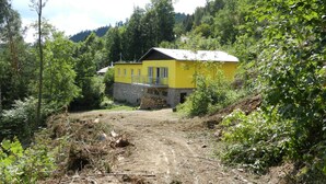 Ein gelbes Gebäude mit steinernen Fundamenten, umgeben von dichtem Wald und einem Feldweg, der darauf führt.