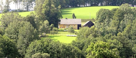 A rural house surrounded by lush greenery and a green field.