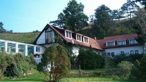 Une maison avec un toit en pente, de grandes fenêtres et un jardin.