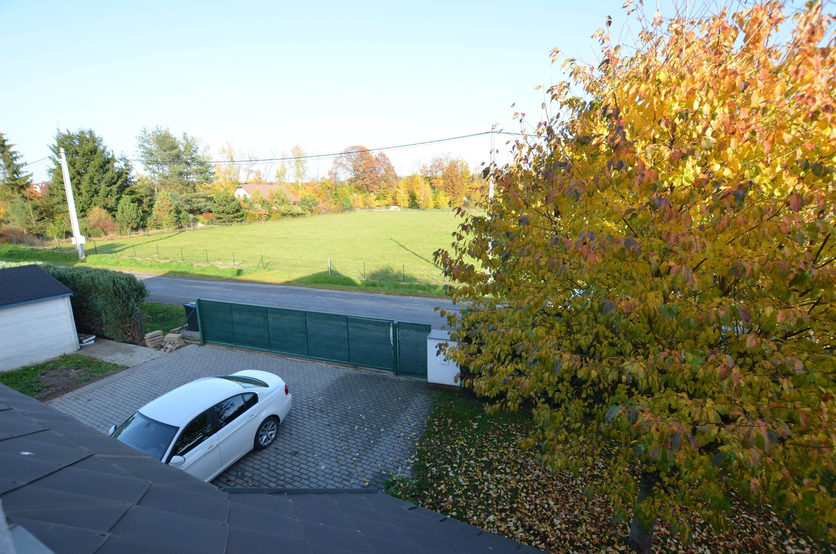 A residential driveway with a white car parked on the left, a green fence, and a tree with autumn leaves.
