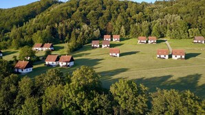 A cluster of white houses with red roofs on a hillside, surrounded by dense forest.