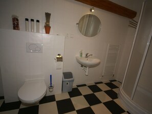 A bathroom with a toilet, sink, and mirror. There is a checkered floor and a potted plant on the wall.