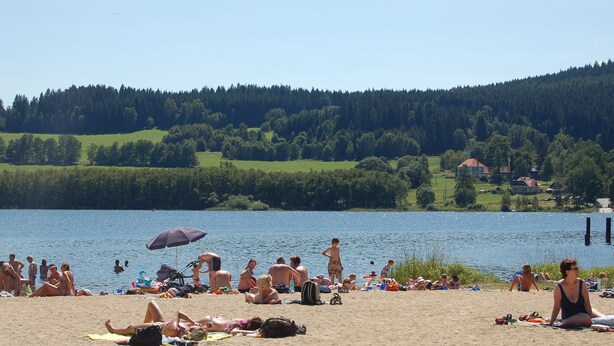 Une plage au bord d’un lac où des gens se prélassent au soleil et se baignent.
