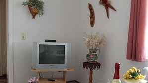 A living room with a television on a wooden stand, a small table with a vase of flowers, a bottle of wine, and a remote control. - Restful Apartment in Neukloster Germany near Lake (Neukloster)