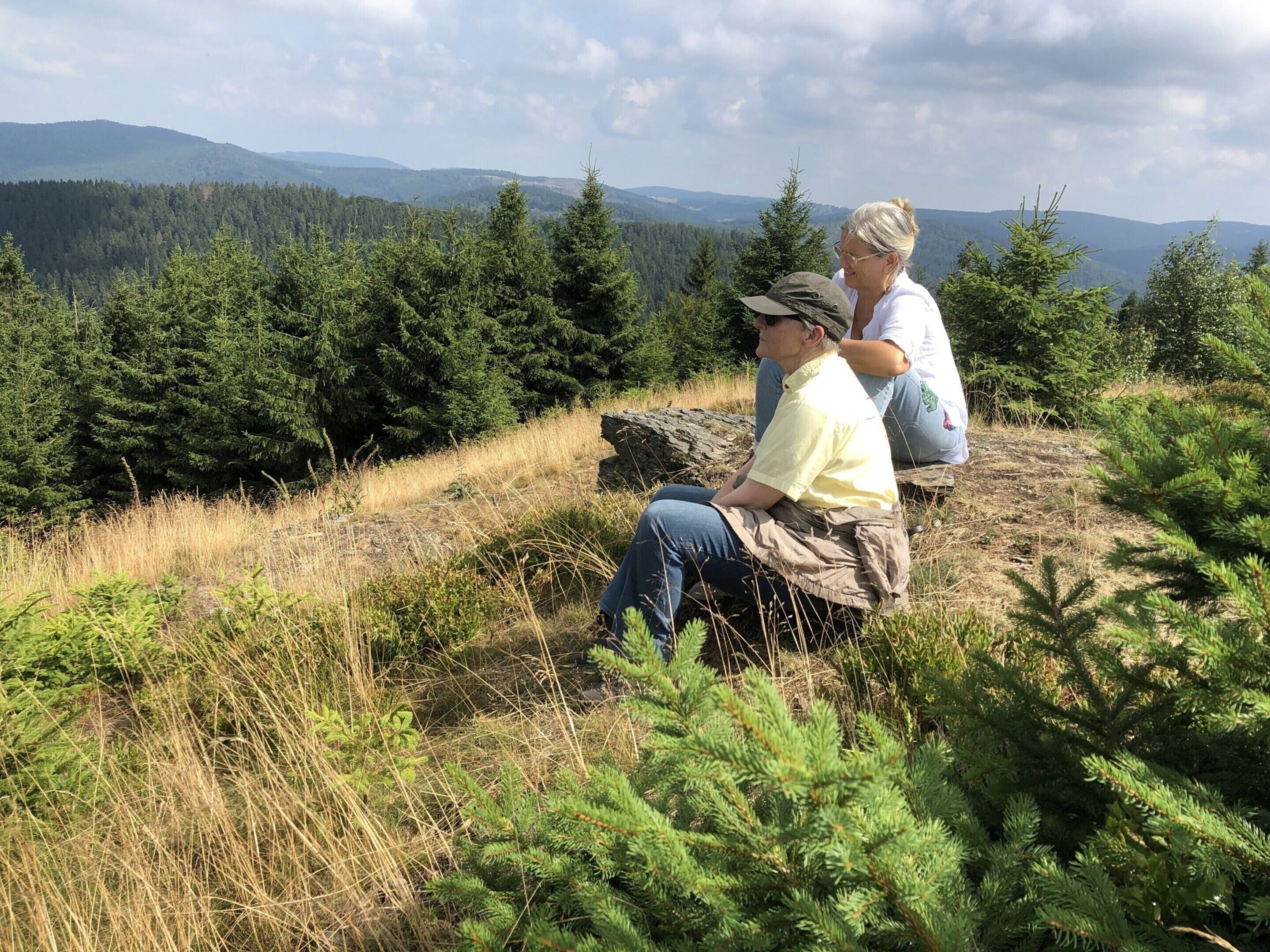 Two people sitting on a rock with a forest and mountains in the background.