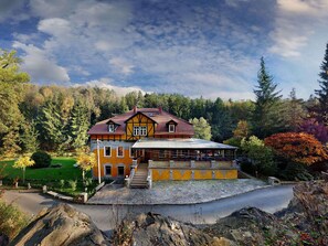 A large, two-story house with a prominent gabled roof, surrounded by a lush garden and a forested backdrop. - Art Nouveau Haven by the Mulde (Grossschirma)
