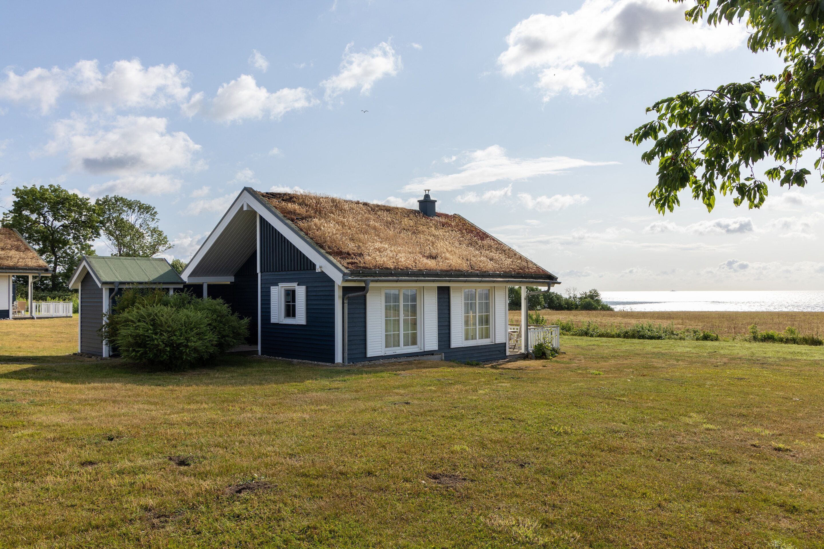Une maison avec un toit de chaume, un petit porche et une cour couverte d’herbe.