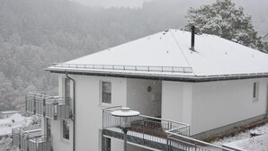 Ein modernes Gebäude mit Flachdach, mehreren Balkonen und Blick auf eine verschneite Berglandschaft.
