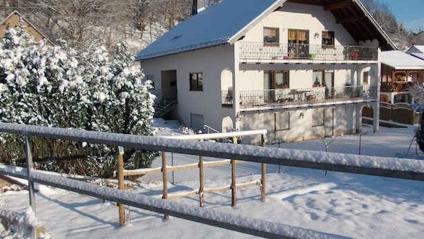 A two-story chalet with a balcony, surrounded by snow-covered trees and a wooden fence.
