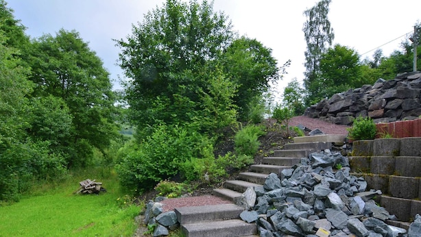 A stone staircase leading up a grassy slope, surrounded by dense greenery and trees.