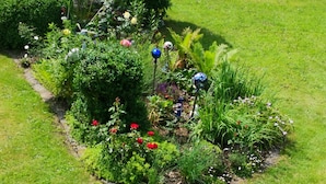 Un jardín con diversas plantas y flores, un sendero y objetos esféricos azules y blancos decorativos.
