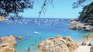 Una playa costera con terreno rocoso, agua azul cristalina y numerosos barcos.