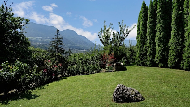 A grassy landscape with trees, a rock, and mountains in the background. - Cosy Holiday Apartment "Tischlerhof - Typ C" with Wi-Fi and Mountain View (Dorf Tirol bei Meran)