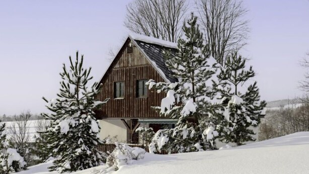 Een houten hutje omringd door met sneeuw bedekte bomen.