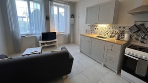 Un salon moderne avec un canapé, un téléviseur à écran plat et un coin repas comprenant un comptoir de cuisine et une cuisinière.